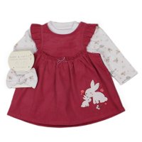 H13549: Baby Girls Bunnies & Ducks Print Top, Cord Pinafore Dress & Headband Outfit (0-9 Months)